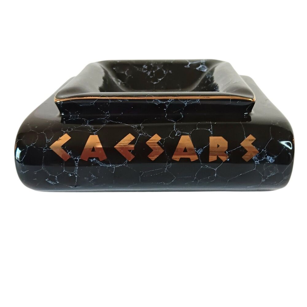 Vintage Ceasers Ashtray Black Ceramic Faux Marble Gold Trim & Lettering Catchall
